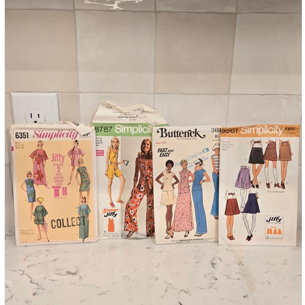 Vintage 70s 60s Sewing Pattern Lot Simplicity Butterick Jumpsuit Dress Skirt 4pc